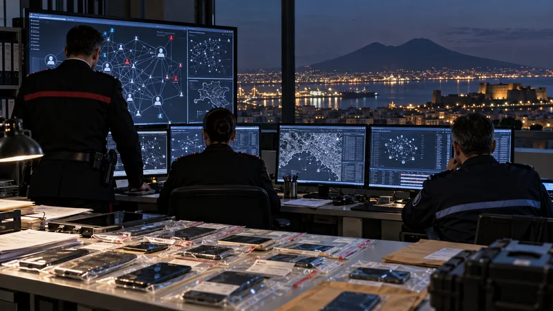 Investigatori analizzano collegamenti telefonici in una sala operativa con vista su Napoli