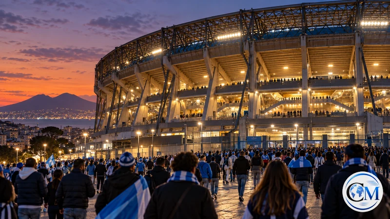 Illustrazione editoriale IA ultrarealistica dell'esterno dello stadio Maradona di Napoli al tramonto; non documenta l'arrivo dei tifosi.