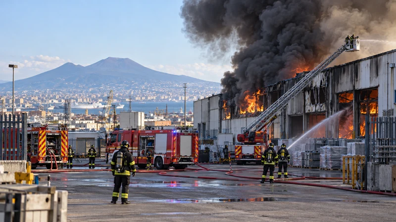 Illustrazione editoriale IA di un incendio industriale con vigili del fuoco al lavoro; immagine rappresentativa, non documentaria.