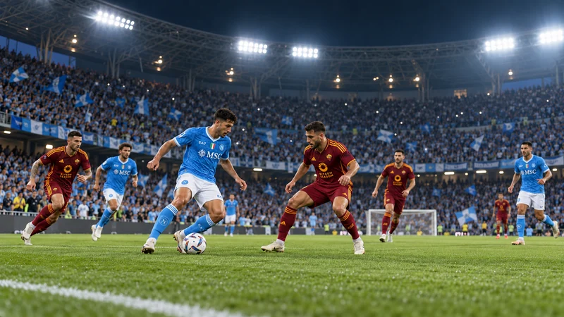 Sfida serale tra una squadra azzurra e una in rosso in uno stadio di Napoli, illustrazione editoriale IA