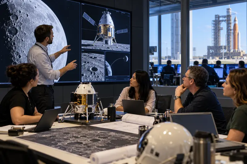 Illustrazione editoriale IA del razzo Artemis sulla rampa mentre tecnici NASA preparano una missione lunare.
