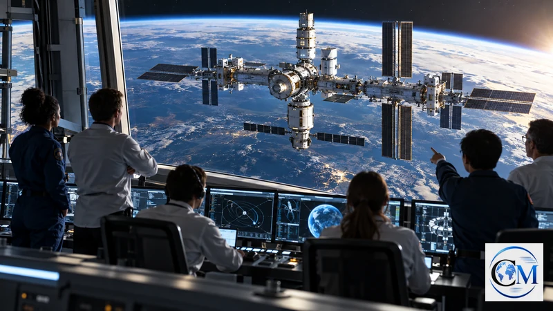 Illustrazione editoriale IA ultrarealistica di una futura stazione spaziale commerciale in orbita terrestre; scena non documentaria.