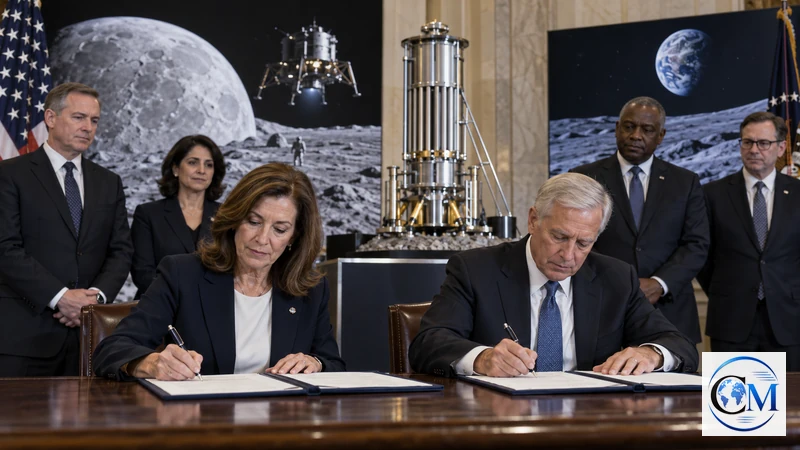 Ricostruzione editoriale IA ultrarealistica della firma di un accordo statunitense sul nucleare spaziale; non è una foto dell'evento.