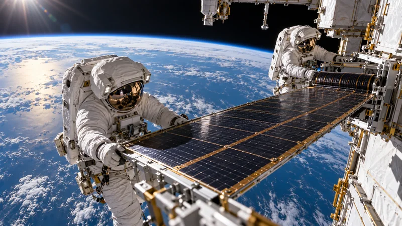 Astronauta durante una passeggiata spaziale accanto ai pannelli solari della ISS