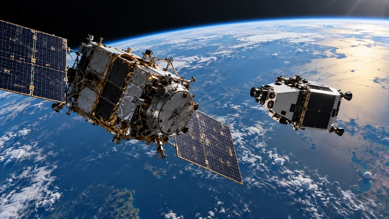 Illustrazione editoriale IA del veicolo Otter di SSPICY mentre osserva un satellite inattivo in orbita; scena non documentaria.