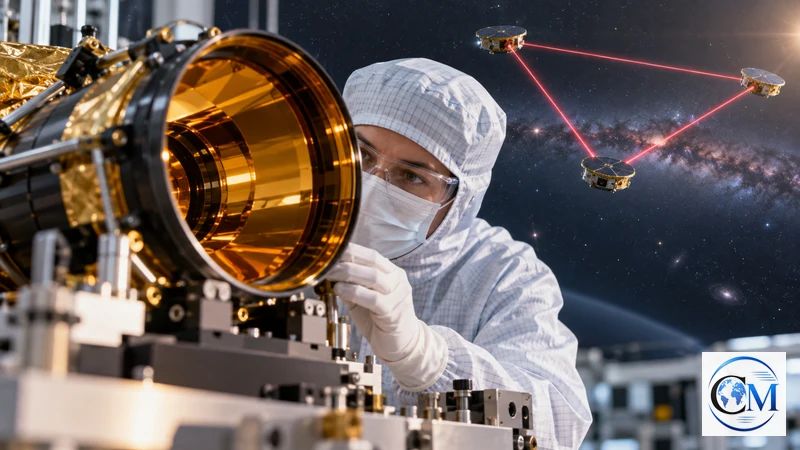 Illustrazione editoriale IA ultrarealistica di un tecnico che ispeziona un telescopio in vetroceramica per LISA; scena non documentaria.