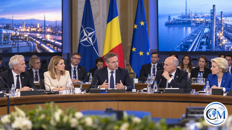 Ricostruzione editoriale IA del simposio NATO a Bucarest; non ritrae l'incontro reale.