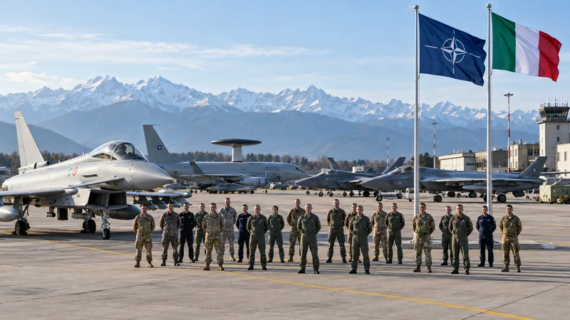 Illustrazione editoriale IA ultrarealistica di velivoli e personale NATO in una base italiana, con volti visibili; scena non documentaria.