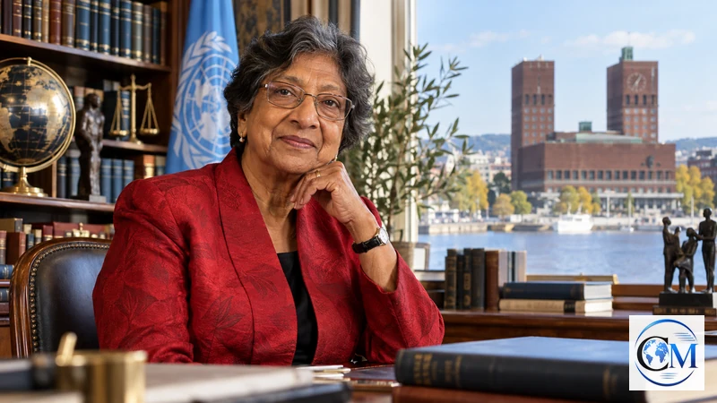 Illustrazione editoriale IA ultrarealistica di Navi Pillay in una biblioteca con Oslo sullo sfondo; scena non documentaria.