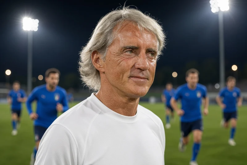 Roberto Mancini in allenamento con la Nazionale; illustrazione editoriale IA non documentaria.