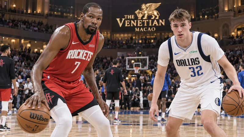 Illustrazione editoriale IA di Kevin Durant e Cooper Flagg alla Venetian Arena di Macao; scena non documentaria.