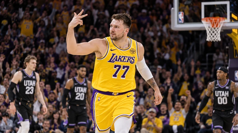 Illustrazione editoriale IA di Luka Doncic con la divisa gialla dei Los Angeles Lakers contro Utah.