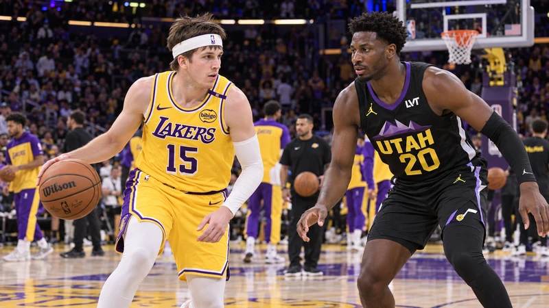 Austin Reaves dei Lakers affronta Jaren Jackson Jr. degli Utah Jazz nella stagione NBA 2026-27, illustrazione editoriale generata con IA