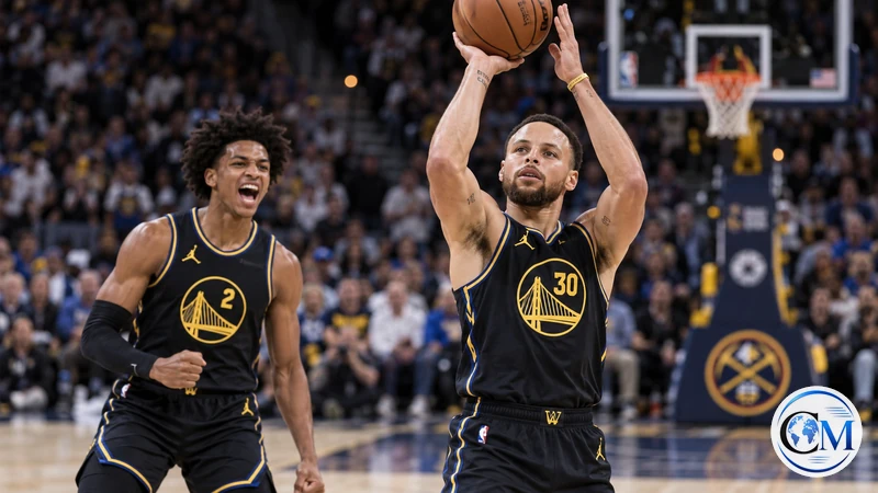 Illustrazione editoriale IA ultrarealistica di Stephen Curry e Yaxel Lendeborg con le divise dei Golden State Warriors; non documenta un istante reale.