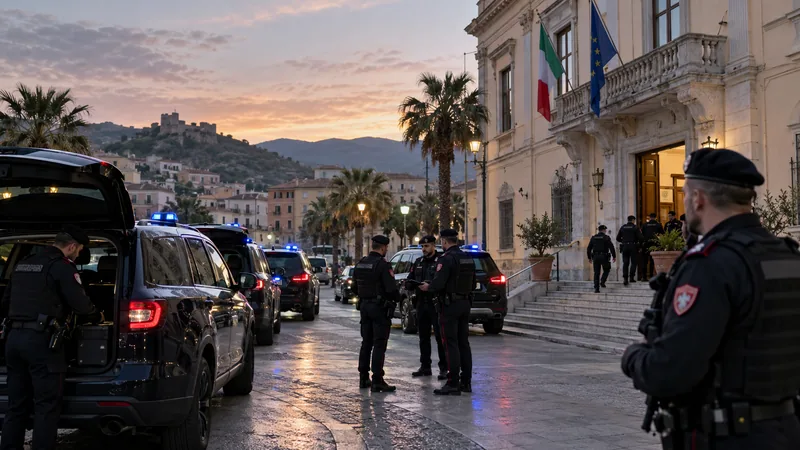 Operazione dei Carabinieri all’alba davanti a un municipio calabrese, immagine editoriale IA