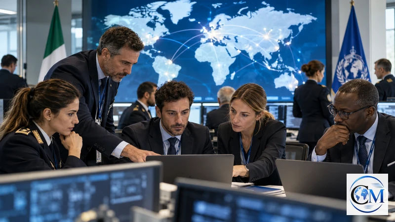 Illustrazione editoriale IA ultrarealistica di una sala internazionale di coordinamento di polizia per il progetto I-CAN; scena non documentaria.