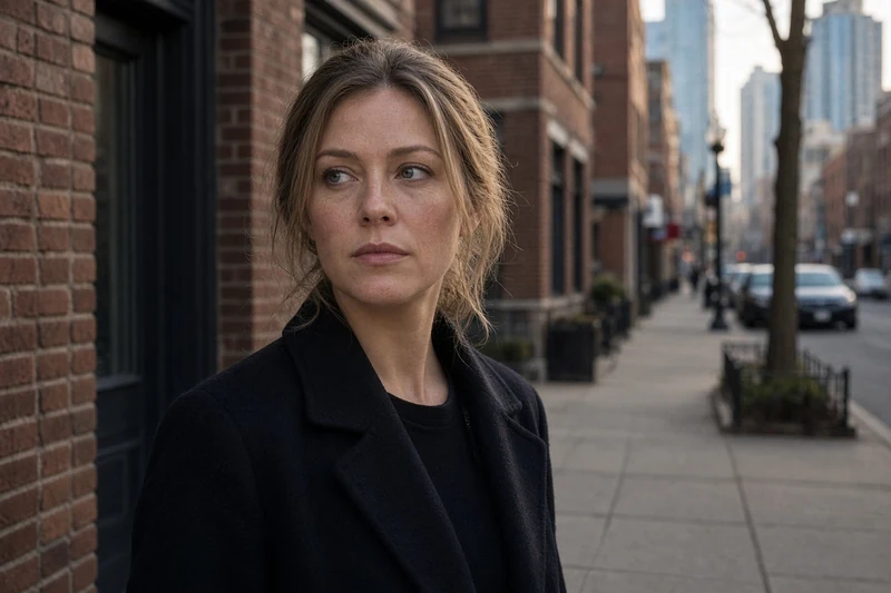 Scena editoriale contestuale ordinaria generata con IA con Maria Sten riconoscibile come protagonista di Neagley in un contesto urbano da investigatrice privata, senza ricostruire una scena specifica della serie