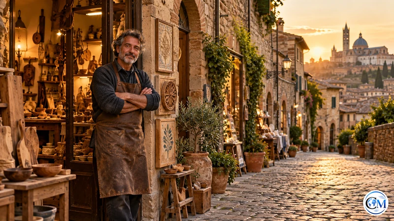 Un artigiano davanti alla propria bottega in un centro storico italiano; illustrazione editoriale IA non documentaria.