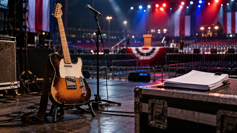 Chitarra e microfono su un palco politico vuoto con documenti legali in primo piano, illustrazione editoriale IA