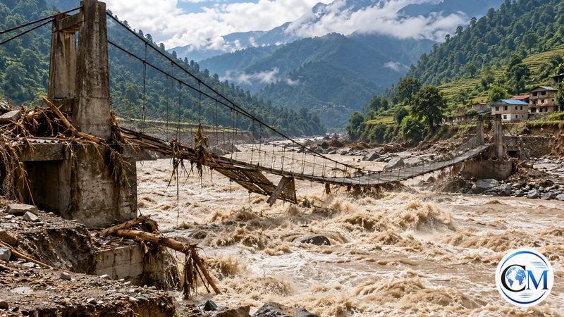 Ricostruzione editoriale IA di un ponte danneggiato da una piena in un paesaggio montano; non è una fotografia del disastro a Gorkha.
