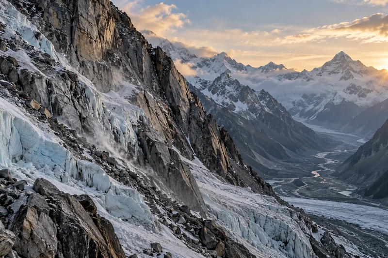 Illustrazione editoriale IA concettuale di un versante himalayano fratturato accanto a un ghiacciaio in ritiro; non documentaria.