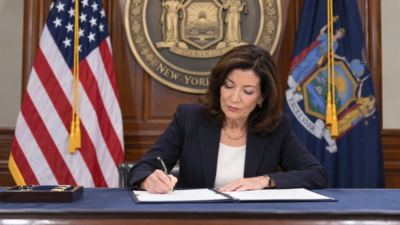 La governatrice di New York Kathy Hochul firma un provvedimento nella sala istituzionale dello Stato