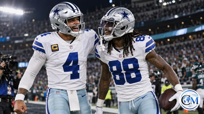 Illustrazione editoriale IA ultrarealistica di Dak Prescott e CeeDee Lamb con le divise dei Dallas Cowboys; non documenta la partita.