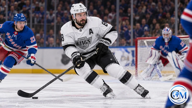Illustrazione editoriale IA ultrarealistica di Drew Doughty con la divisa dei Los Angeles Kings; non documenta la partita.