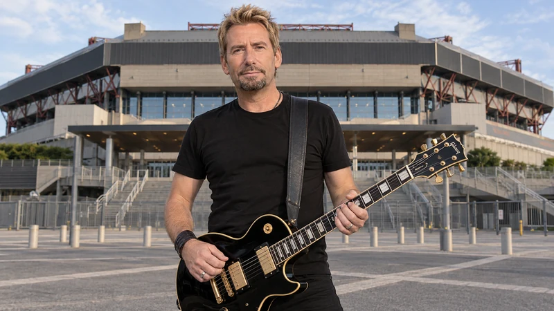 Illustrazione editoriale IA con somiglianza sintetica di Chad Kroeger dei Nickelback nel contesto dell’Unipol Forum; non documenta un concerto.