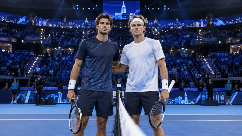 Illustrazione editoriale IA di due tennisti durante la presentazione pre-partita in un’arena indoor a Torino; scena non documentaria.