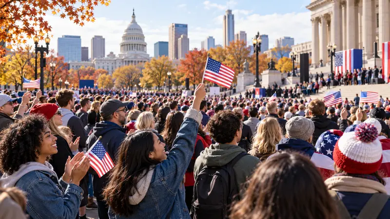 Scena editoriale IA di una manifestazione civica pacifica negli Stati Uniti con bandiere americane e richiami generici al voto.