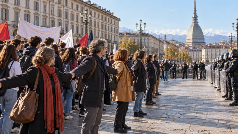 Illustrazione editoriale IA di un corteo pacifico a Torino con docenti tra studenti e polizia; non documenta l’evento reale.