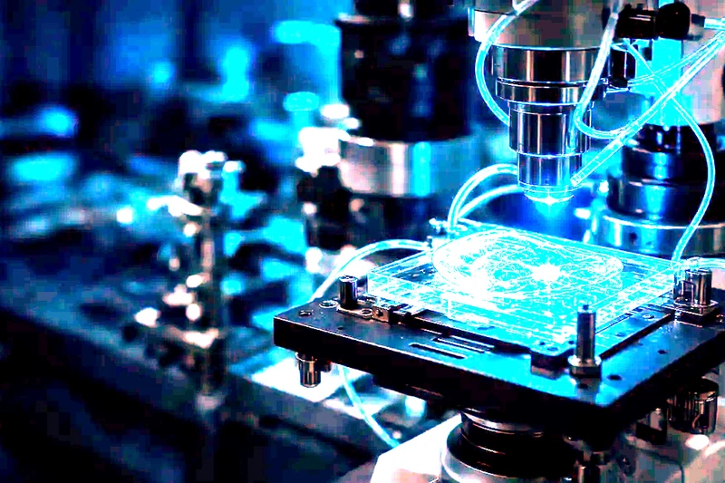 Illustrazione editoriale IA di laboratorio di neuroscienze con luce blu su campione cerebrale; non documentaria.