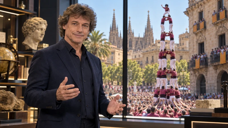Illustrazione editoriale IA con somiglianza sintetica di Alberto Angela e una torre umana catalana sullo sfondo, non tratta dalla trasmissione.