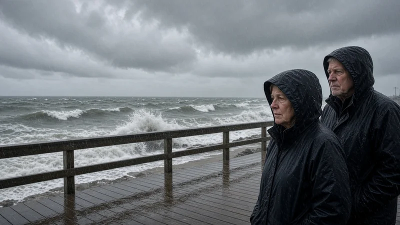Residenti di spalle su una passeggiata della costa atlantica, durante la mareggiata.