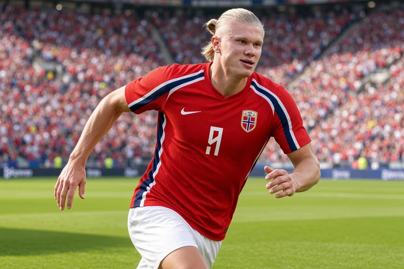 Erling Haaland con la maglia rossa della Norvegia numero 9, Nike e stemma, in corsa su un campo da calcio