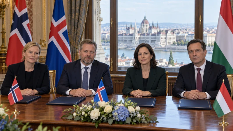 Illustrazione editoriale IA di una firma istituzionale tra delegazioni nordiche e ungherese a Budapest; persone e scena sono sintetici.