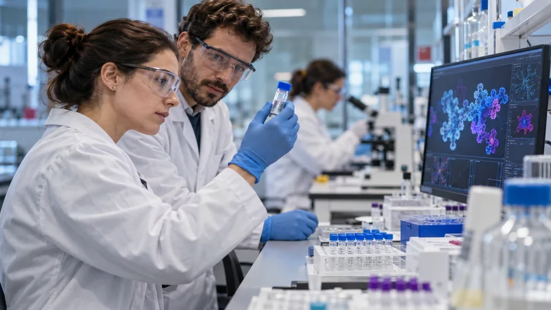 Illustrazione editoriale IA di ricercatori al lavoro in un laboratorio di immunoterapia.