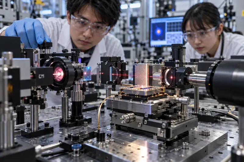 Illustrazione editoriale IA di un laboratorio fotonico che studia un fotorivelatore in fosforo nero su chip.
