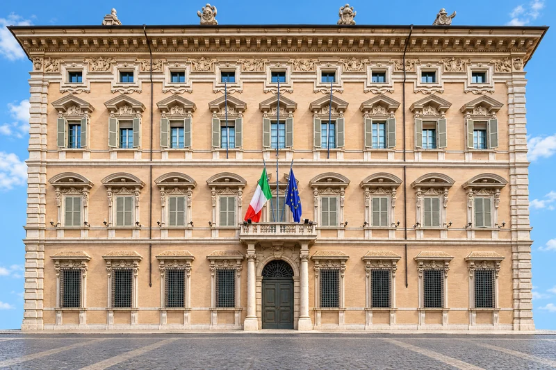 La facciata di Palazzo Madama a Roma con le bandiere italiana ed europea, illustrazione IA.