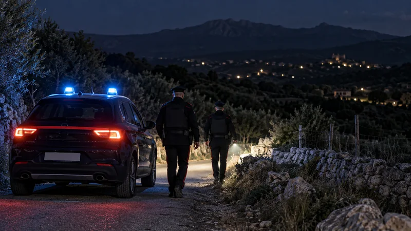 Pattuglia dei Carabinieri su una strada rurale vicino a Nuoro durante la conclusione di una ricerca