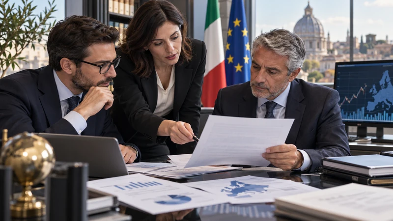 Illustrazione editoriale IA di consulenti che esaminano titoli obbligazionari tra Italia e Unione europea; scena simbolica non documentaria.