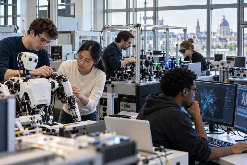 Illustrazione editoriale IA di studenti e ricercatori in un laboratorio universitario STEM avanzato.