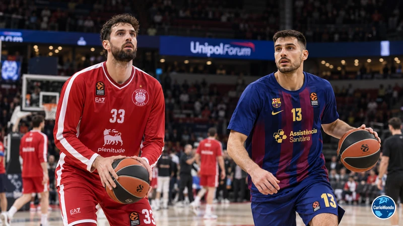 Illustrazione editoriale IA di Olimpia Milano-Barcellona all’Unipol Forum con due cestisti; scena non documentaria.