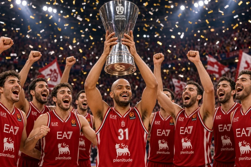 Scena editoriale contestuale ordinaria generata con IA: Shavon Shields e compagni in maglia EA7 Plenitude con la Supercoppa; non è una fotografia documentaria.