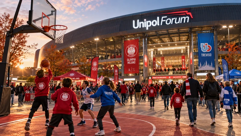 Illustrazione editoriale IA ultrarealistica di Olimpia Milano-Treviso all'Unipol Forum; scena sportiva non documentaria.