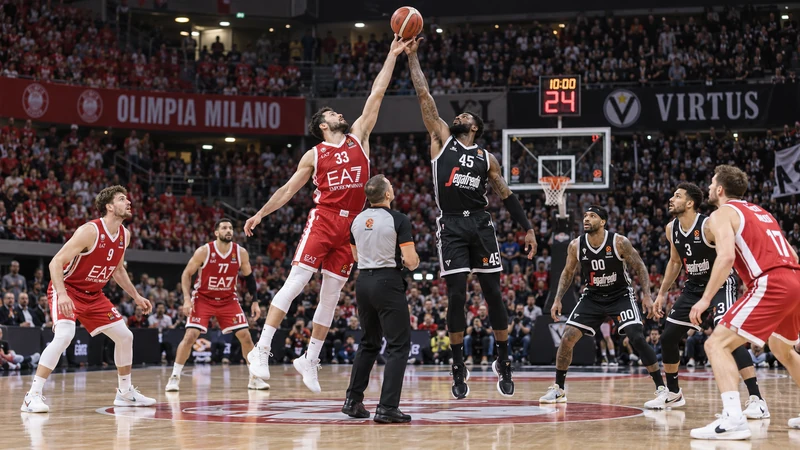 Olimpia Milano e Virtus Bologna durante la palla a due, illustrazione editoriale generata con IA