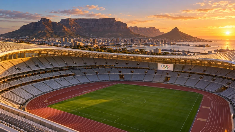 Illustrazione editoriale IA ultrarealistica di uno stadio sudafricano con la Table Mountain; scena non documentaria.