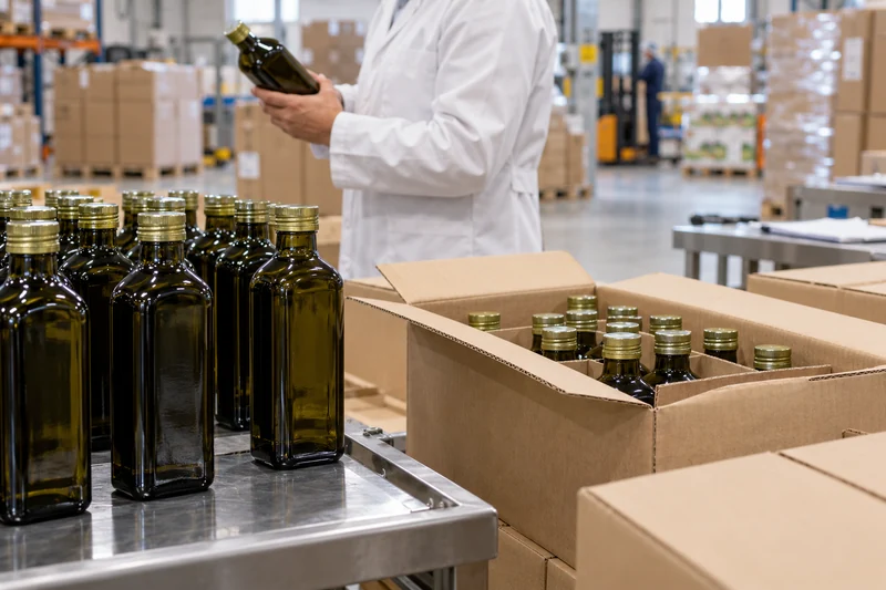 Bottiglie di olio extravergine certificate pronte per la distribuzione alimentare, illustrazione editoriale IA.