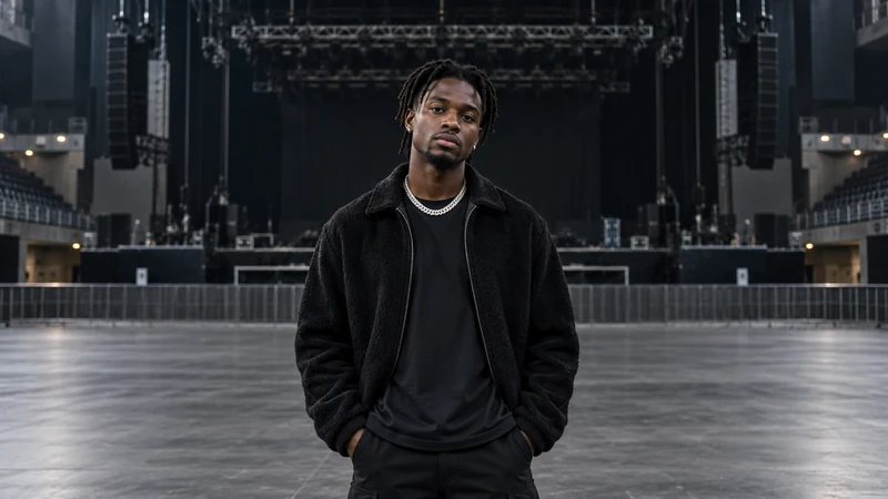 Illustrazione editoriale IA di Omah Lay in un’arena vuota dopo l’annullamento del concerto di Milano; scena non documentaria.